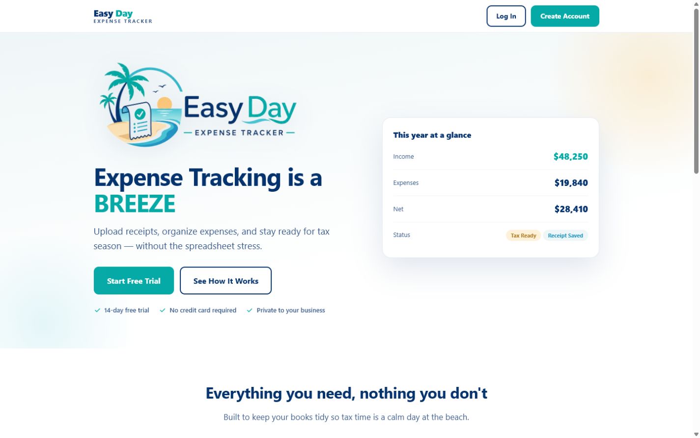Easy Day Expense Tracker homepage with expense and income summary