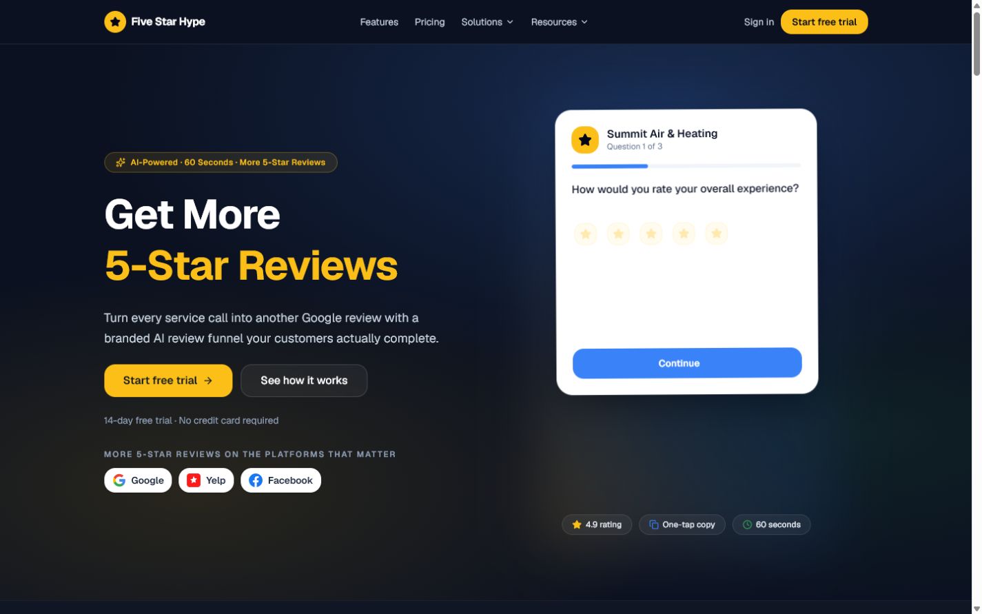 Five Star Hype homepage showing its review funnel platform