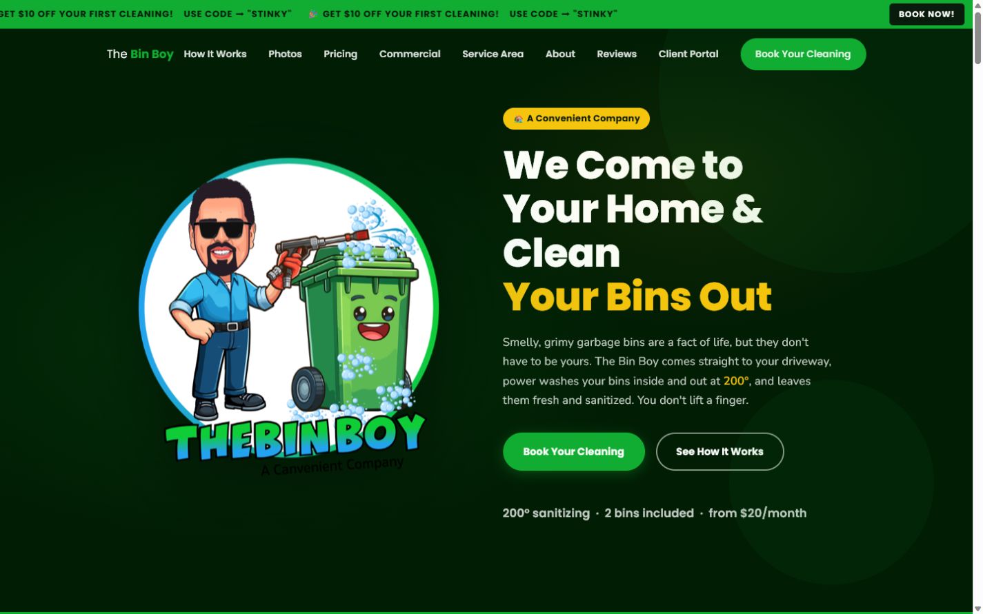 The Bin Boy homepage for residential trash-bin cleaning