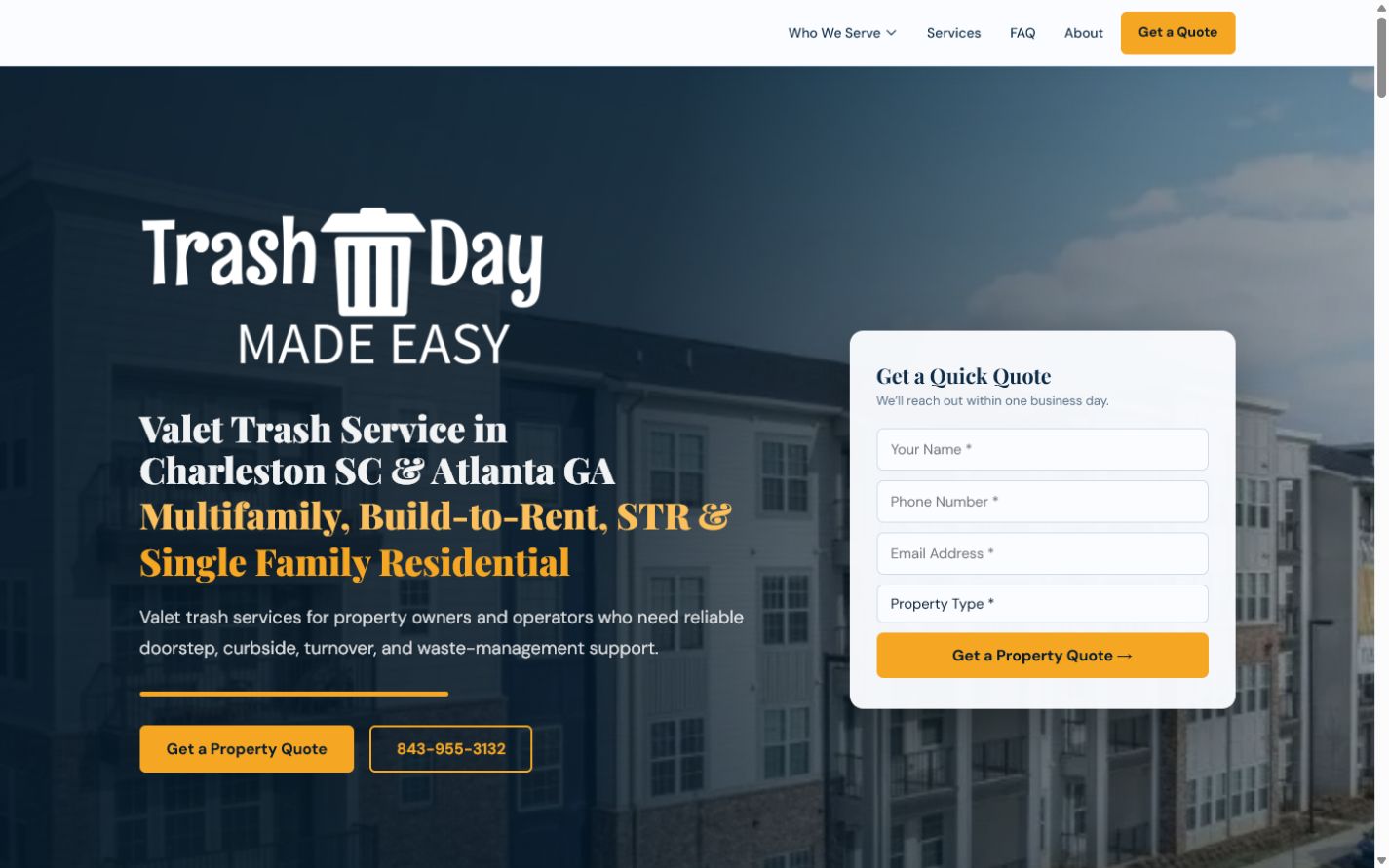 Trash Day Made Easy homepage for valet trash services in Charleston and Atlanta